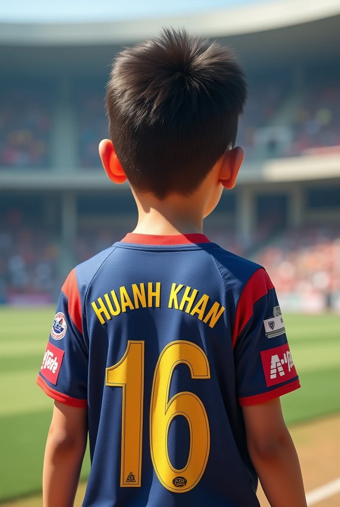 A boy wear Jersey name huanin khan and number 16 or8 in back for cricket