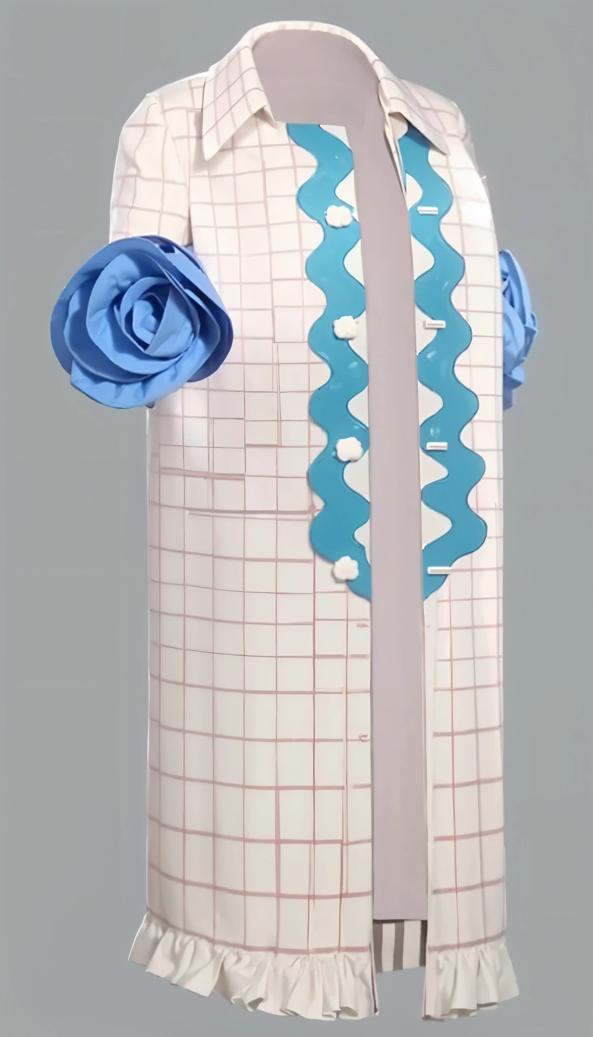 White coat, Winter coat, voluminous coat. with blue flowers on the sleeves, blue flowers, plaid coat, checkered print, frills в низу, frills на пальто, frills на воротнике, blue print on coat, blue wavy line, frills на воротнике, белые frills, blue wavy line print, frills