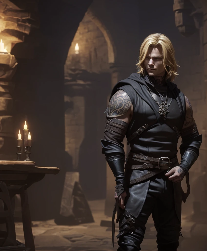 Solo focus.  Single character image. (((Appears to be 20 years old with youthful looks.))) (((Dungeon background.))) (((Shoulder-length blond hair.)))  (((Solo character image.))) (((Generate a single character image.))) (((Attractive.))), He looks dynamic and exciting. Handsome male fantasy art, (((Dungeon background.))) (((Strong elements of dark medieval fantasy.))) (((Handsome male with a couple of tattoos.))) (((Amazing hair.)))  Appears intense, with a very stylish fantasy attire. Looks like a medieval fantasy male character.  Ideal, male physique. Wears lots of dark shades of clothing. Looks like a handsome criminal for a medieval fantasy setting. wearing black leather medieval clothing, sneaky, rogue, muscular, gorgeous face, fantasy artwork, fantasy attire, fantasy adventurer, masterpiece:(masterpiece,fantasy,art, best quality, unreal engine, 8k, ultra HD, centered image, absurdres,