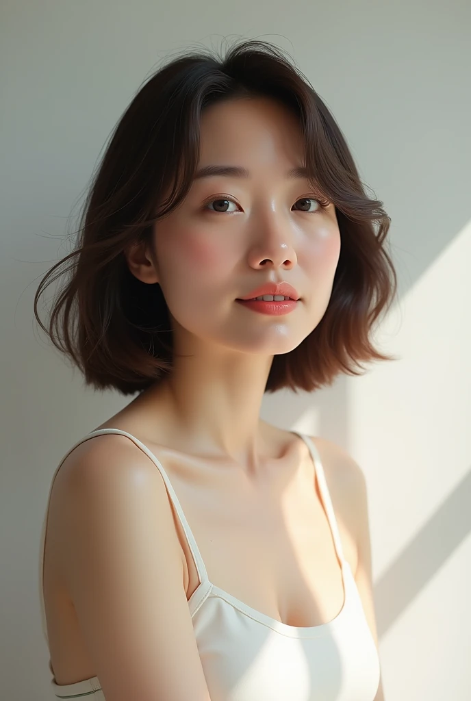 Japanese women、50 years old、Brown Hair、Shortcuts、White camisole、Bcup、