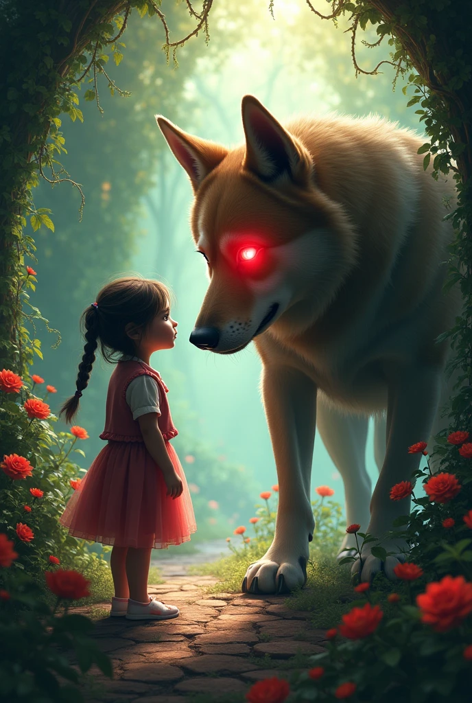 dog with red eye standing in gardan with girl