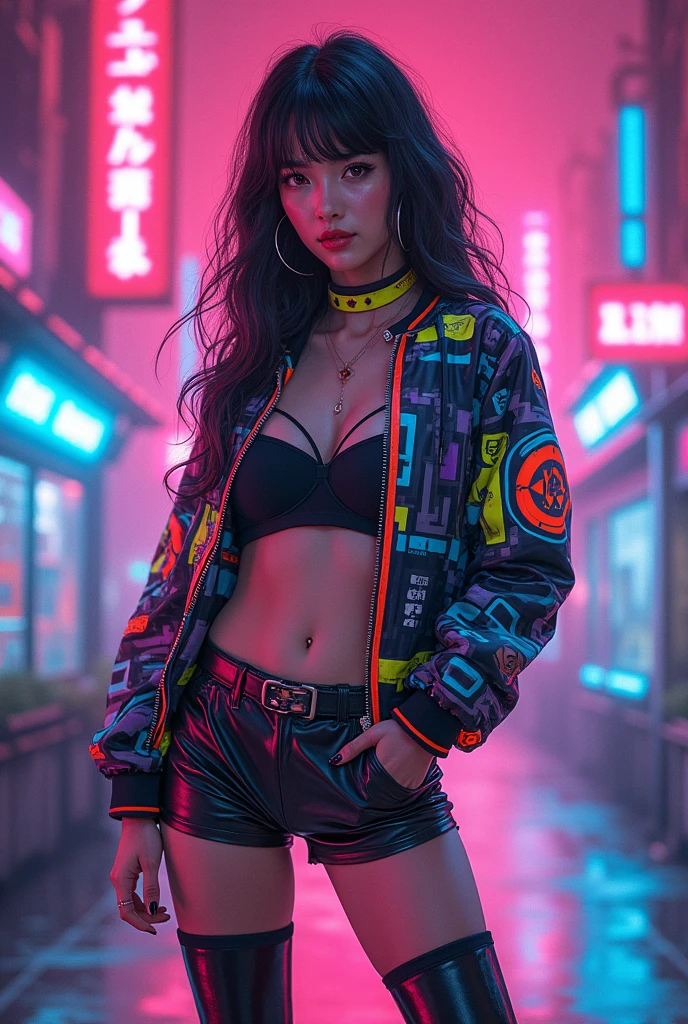 Generate drawing of a woman&#39;s outfit inspired by the 80s anime with neon prints and leg warmers