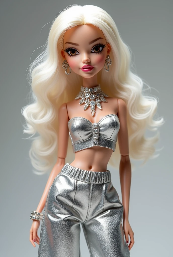 Create a white skin bratz doll, medium length hair, Brown eyes dressed in a silver top and wide pants that match her clothes and makeup, Give her accessories that make her dazzle