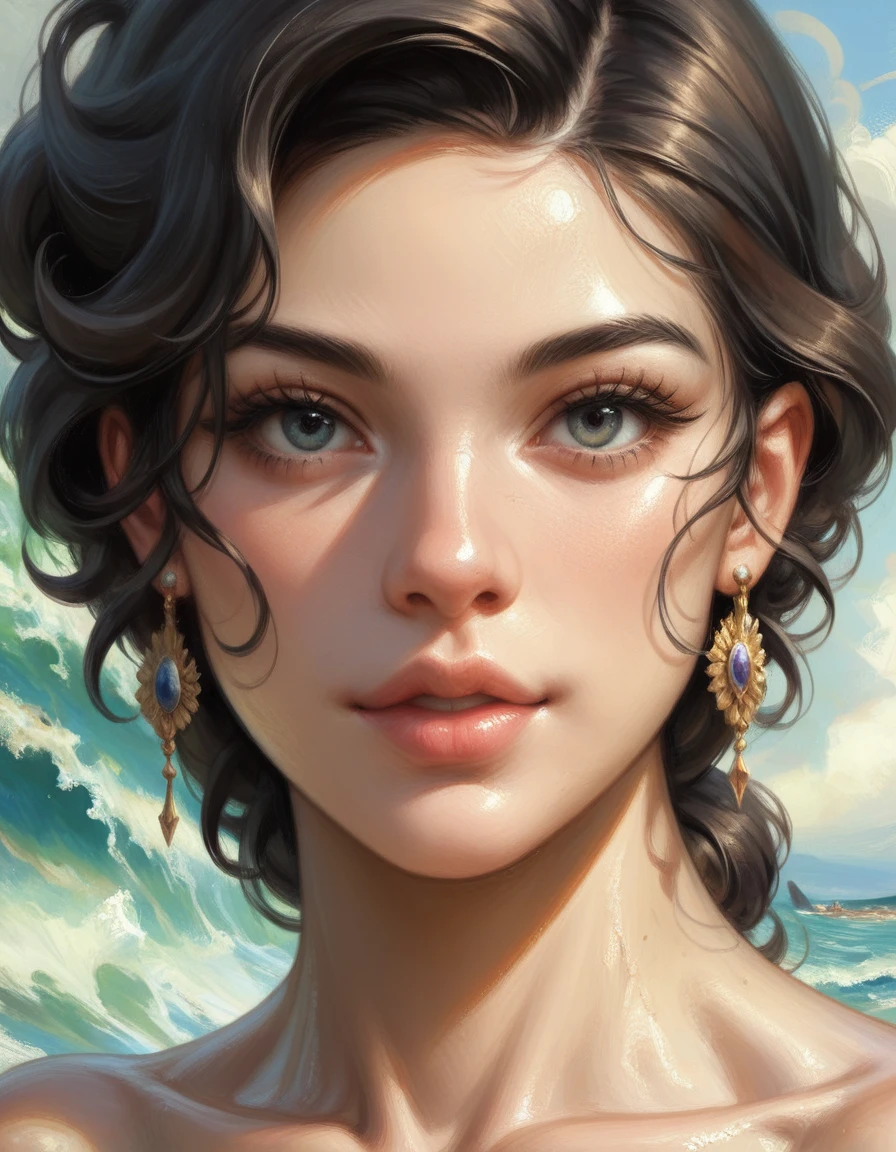 Oil paints，acrycle painting，masterpiece，Renaissance style，(Masterpiece, Top quality, Best quality, offcial art, Beautiful and aesthetic:1.2), close view of full body nude young belgian woman, in erotic pose , hairy intimate hairstyle pubic , background ocean waves with foam, thunderclouds, lightnings