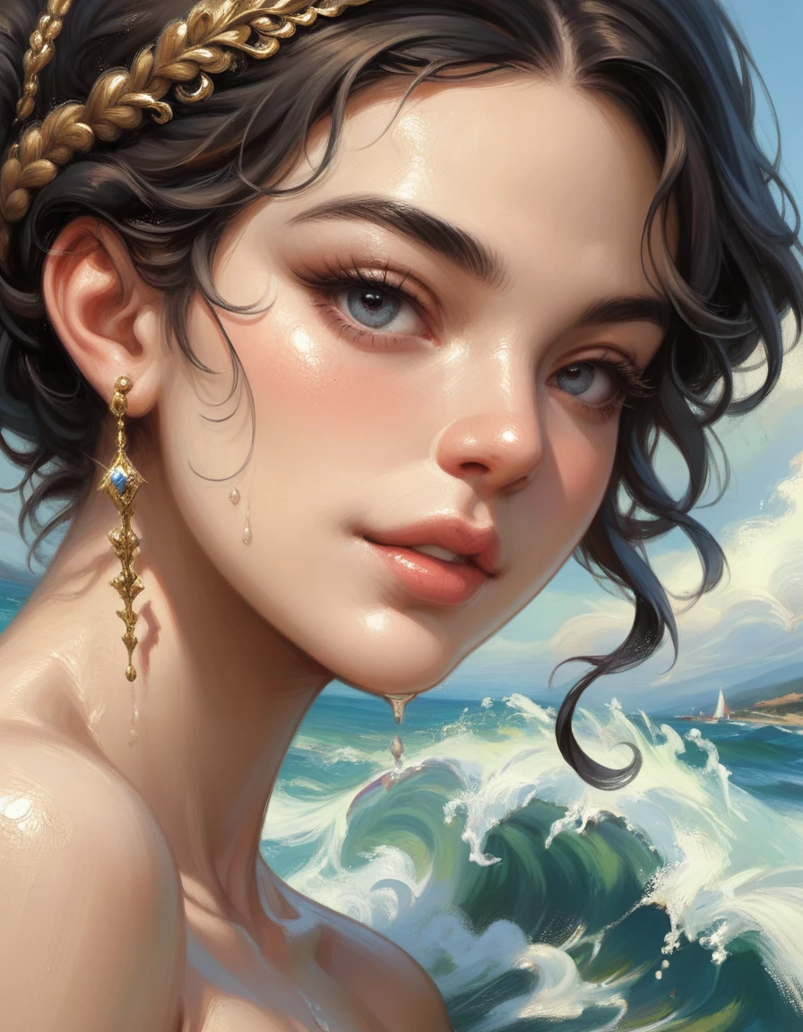 Oil paints,acrycle painting,masterpiece,Renaissance style,(Masterpiece, Top quality, Best quality, offcial art, Beautiful and aesthetic:1.2), close view of full body nude young belgian woman, in erotic pose , hairy intimate hairstyle pubic , background ocean waves with foam, thunderclouds, lightnings