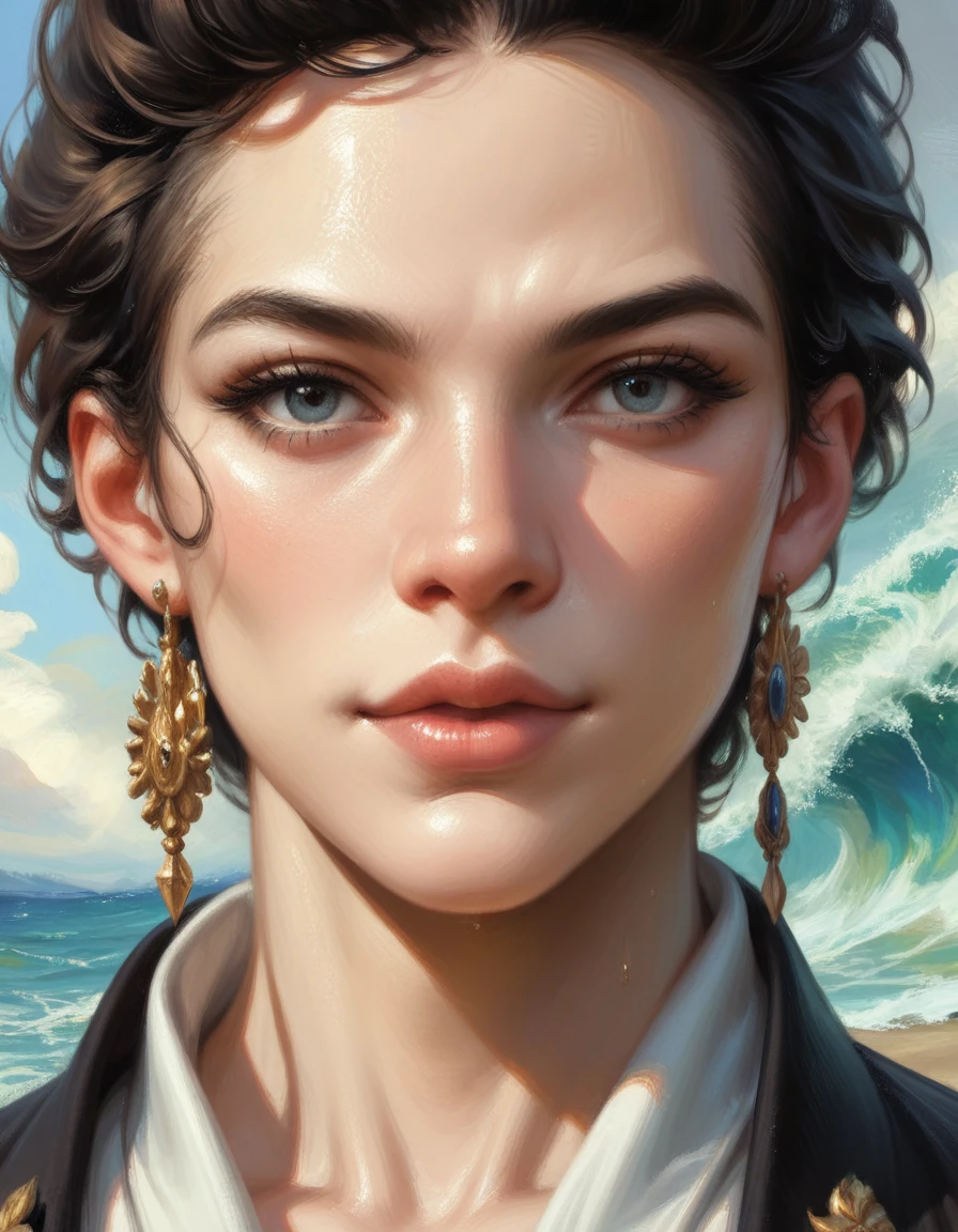 Oil paints，acrycle painting，masterpiece，Renaissance style，(Masterpiece, Top quality, Best quality, offcial art, Beautiful and aesthetic:1.2), close view of full body nude young belgian woman, in erotic pose , hairy intimate hairstyle pubic , background ocean waves with foam, thunderclouds, lightnings