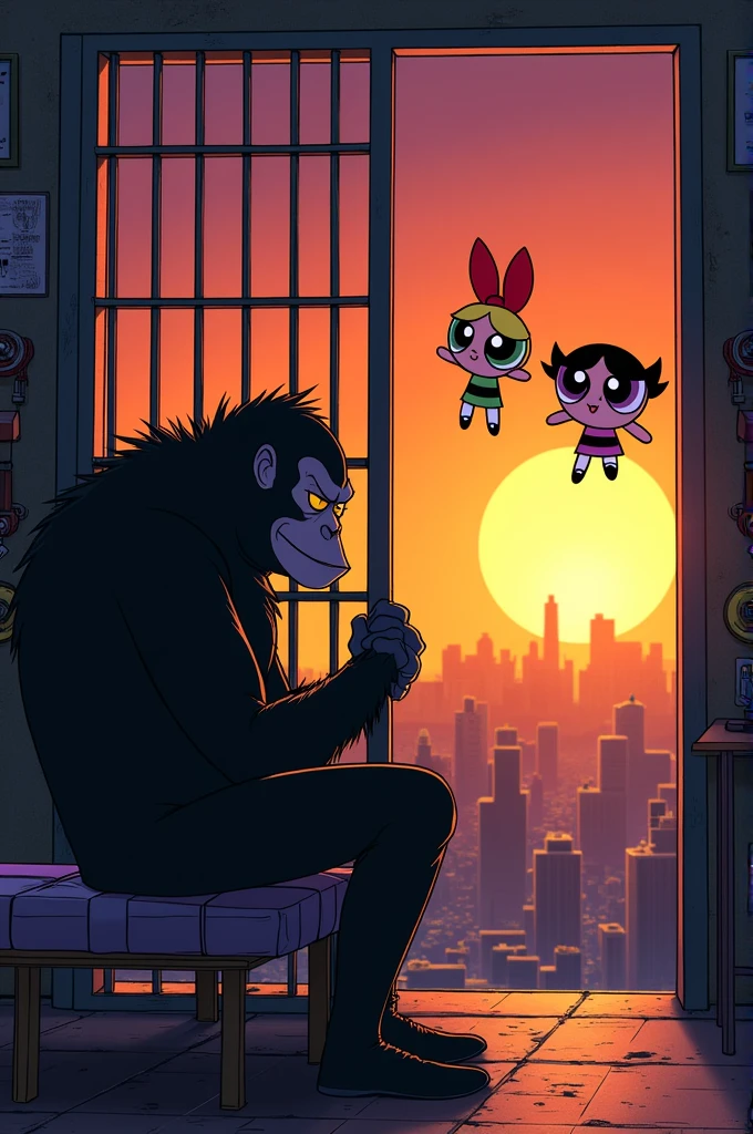 The story ends with a shot of Mojo Jojo in jail planning his next revenge as the girls fly away into the sunset.