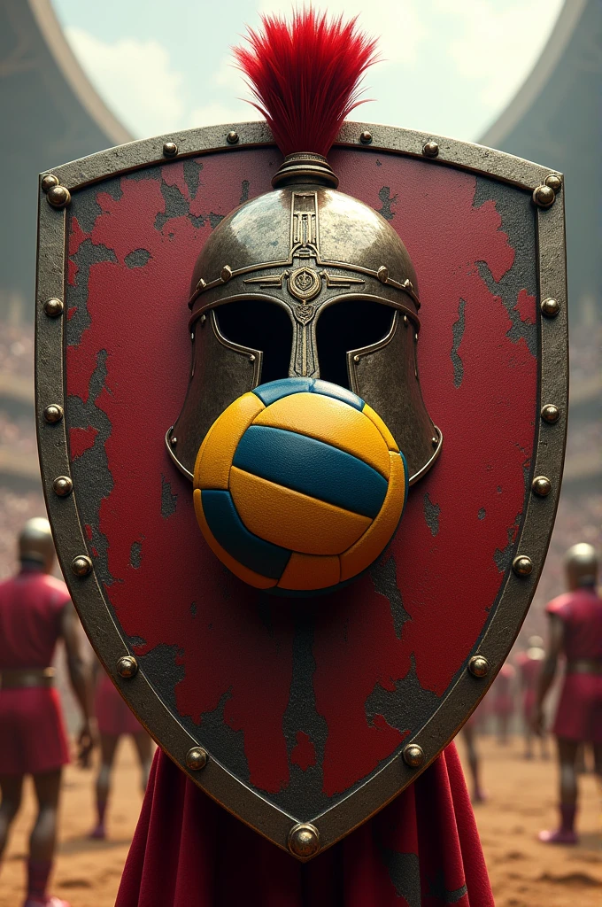 Shield with a gladiator helmet in the middle and a volleyball ball