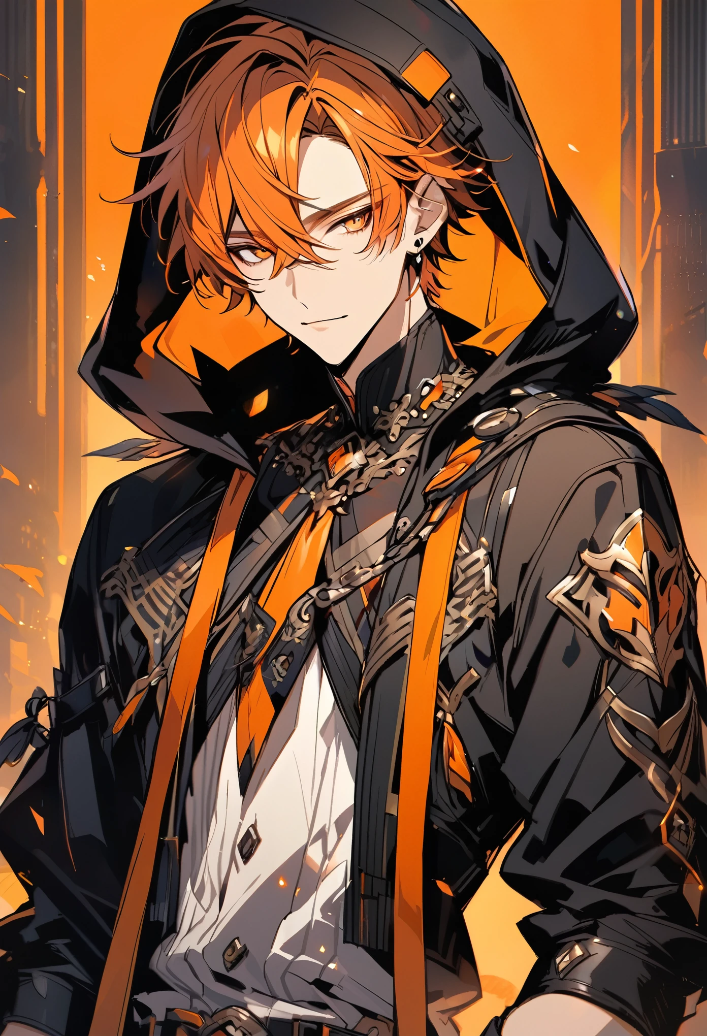 solo, handsome, 1 male, short hair, orange hair, orange eyes, black hood