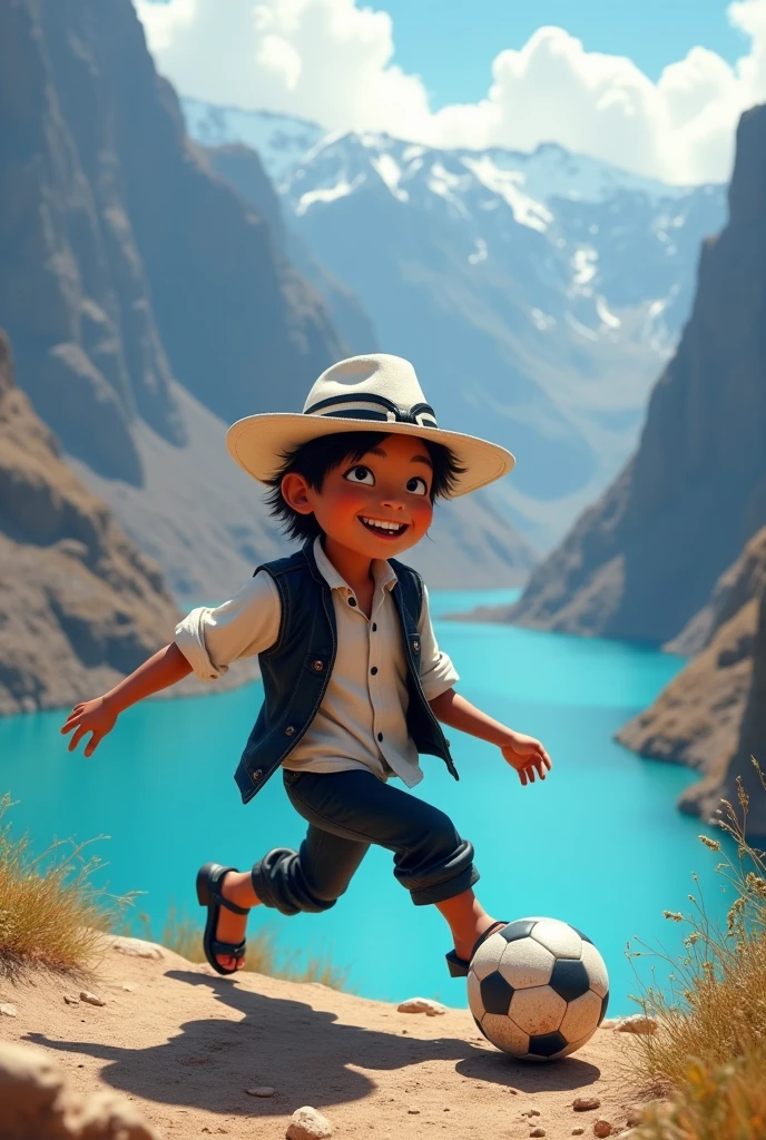 Very happy Peruvian Andean boy with white hat and black ribbon, black vest, White shirt, black pants and black sandals Playing soccer next to the blue lagoon
