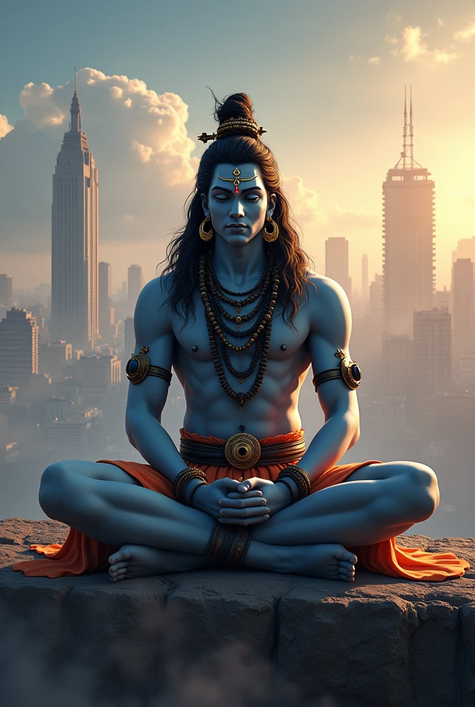 Bhagwan shiv sitting and pray on City.front distance looking and shiv bhagwan looking real and a snake in his neck and bhagwan ganesh and kartike also 