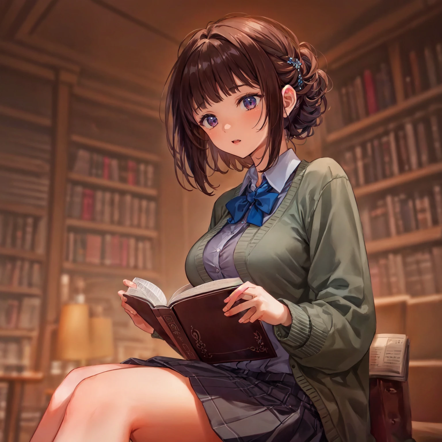 (Pencil Art:1.3),masterpiece, Highest quality,pastel colour,{{brown hair}},library,foot focus,updo hair,choppy bangs,drop eyes,sit down,I read a book,Crossing your legs,,light grey pleated skirt,blue shirts,cardigan,{{beautiful large-sized breasts1:4}},{{beautiful odd eye1:4}},Photoreal 1;4,high quality bra, top quality, {{beautiful butt}}, cute girl, high quality background, 5 fingers