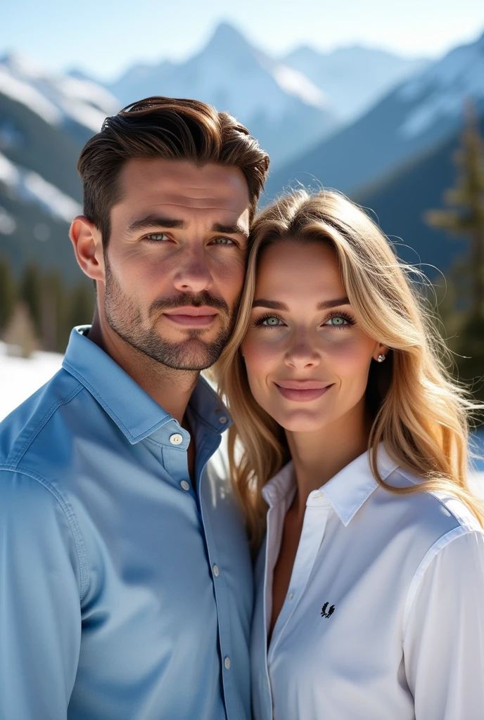 (Photorealism:1.2), man with brown eyes and dark brown hair wearing light blue dress shirt Fred Perry with his blonde wife green eyes long hair wearing white Ralph Lauren dress shirt in Aspen with an blonde with blue eyes 8k ultra realistic photorealistic super detailed the best possible