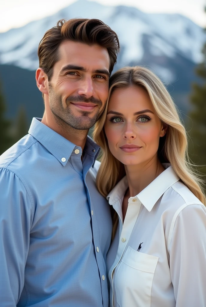 (Photorealism:1.2), man with brown eyes and dark brown hair wearing light blue dress shirt Fred Perry with his blonde wife green eyes long hair wearing white Ralph Lauren dress shirt in Aspen with an  blonde child with blue eyes 8k ultra realistic photorealistic super detailed the best possible 
