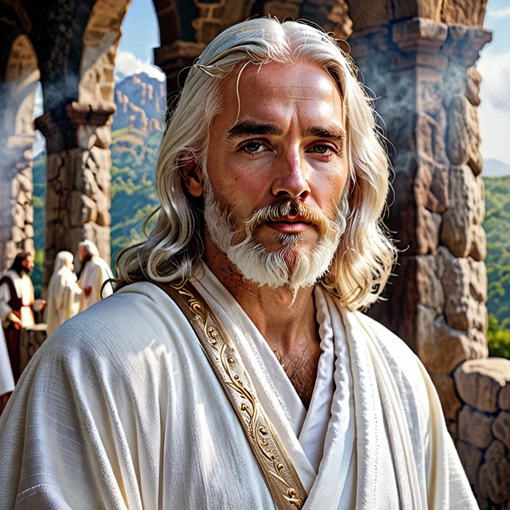 Jesus with white hair and beard in white robes realistic photo image high definition realistic