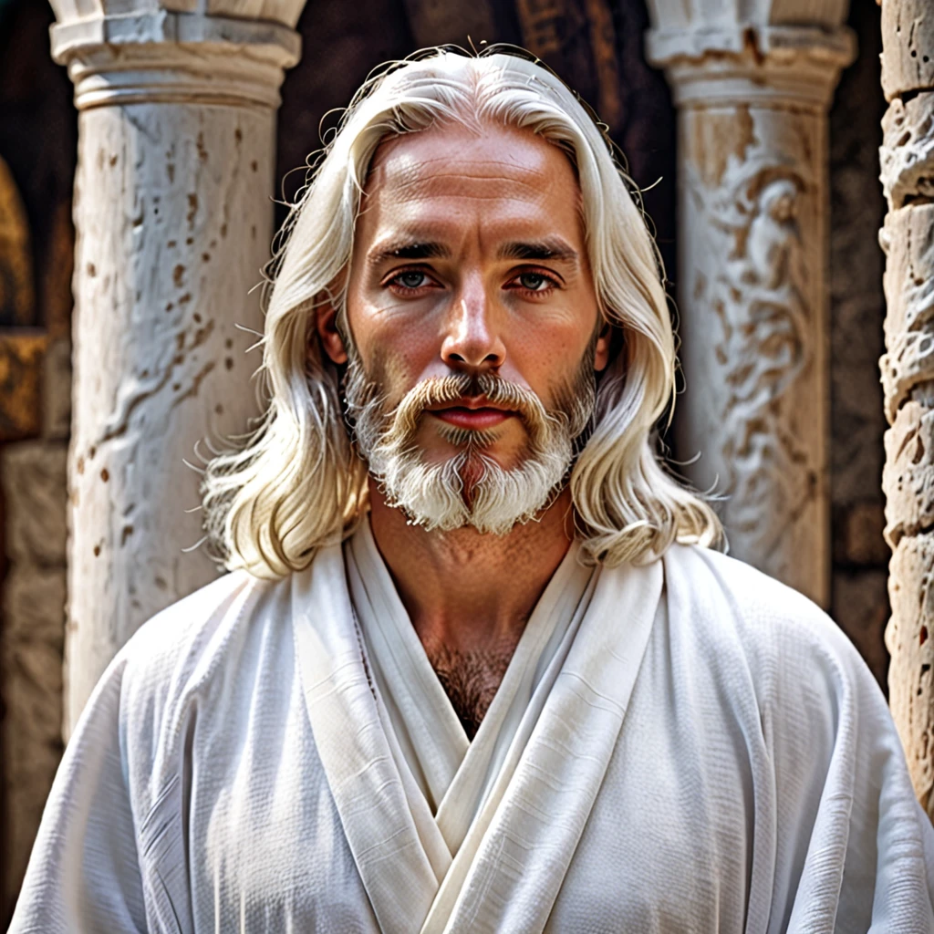 Jesus with white hair and beard in white robes realistic photo image high definition realistic