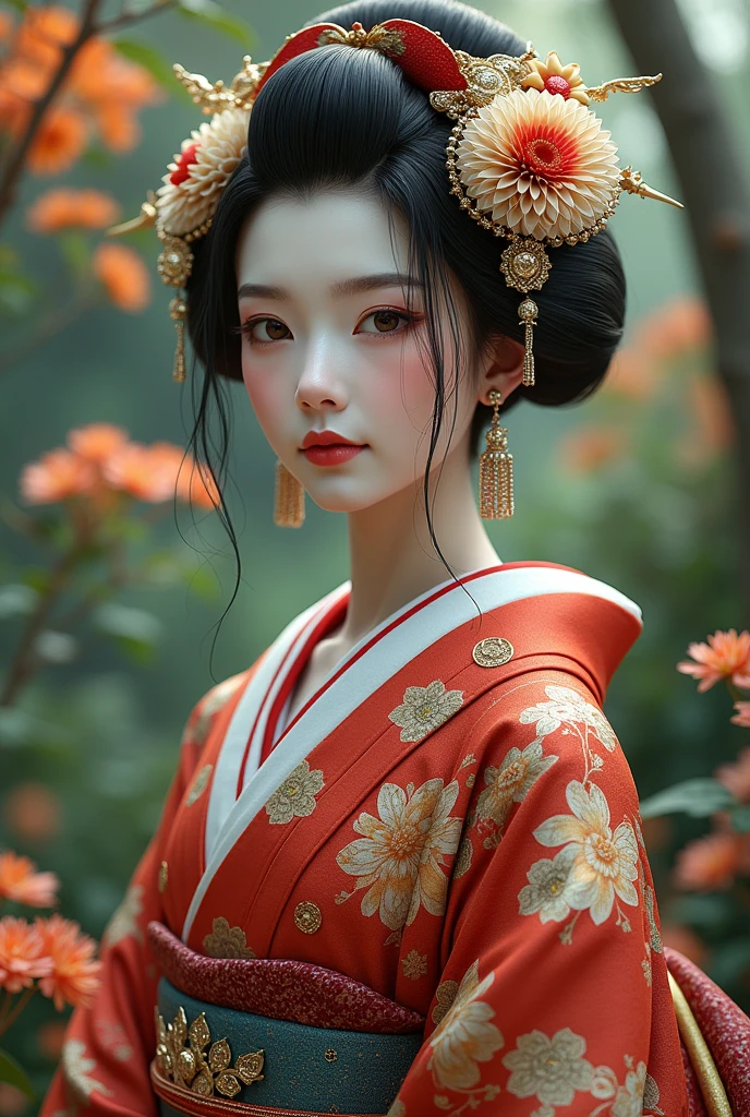 (Photorealism:1.2), The beautiful girl has fair skin and a Japanese hairstyle.,.She is a young and beautiful Japanese geisha with a super detailed and super gorgeous face.. Both cheeks are covered with hair. She is a beautiful woman in a beautiful kimono,A gorgeous, ultra-intricate and highly detailed furisode that showcases highly intricate and detailed Japanese craftsmanship.,The background is forest flowers and trees々It's very clear and beautiful,
