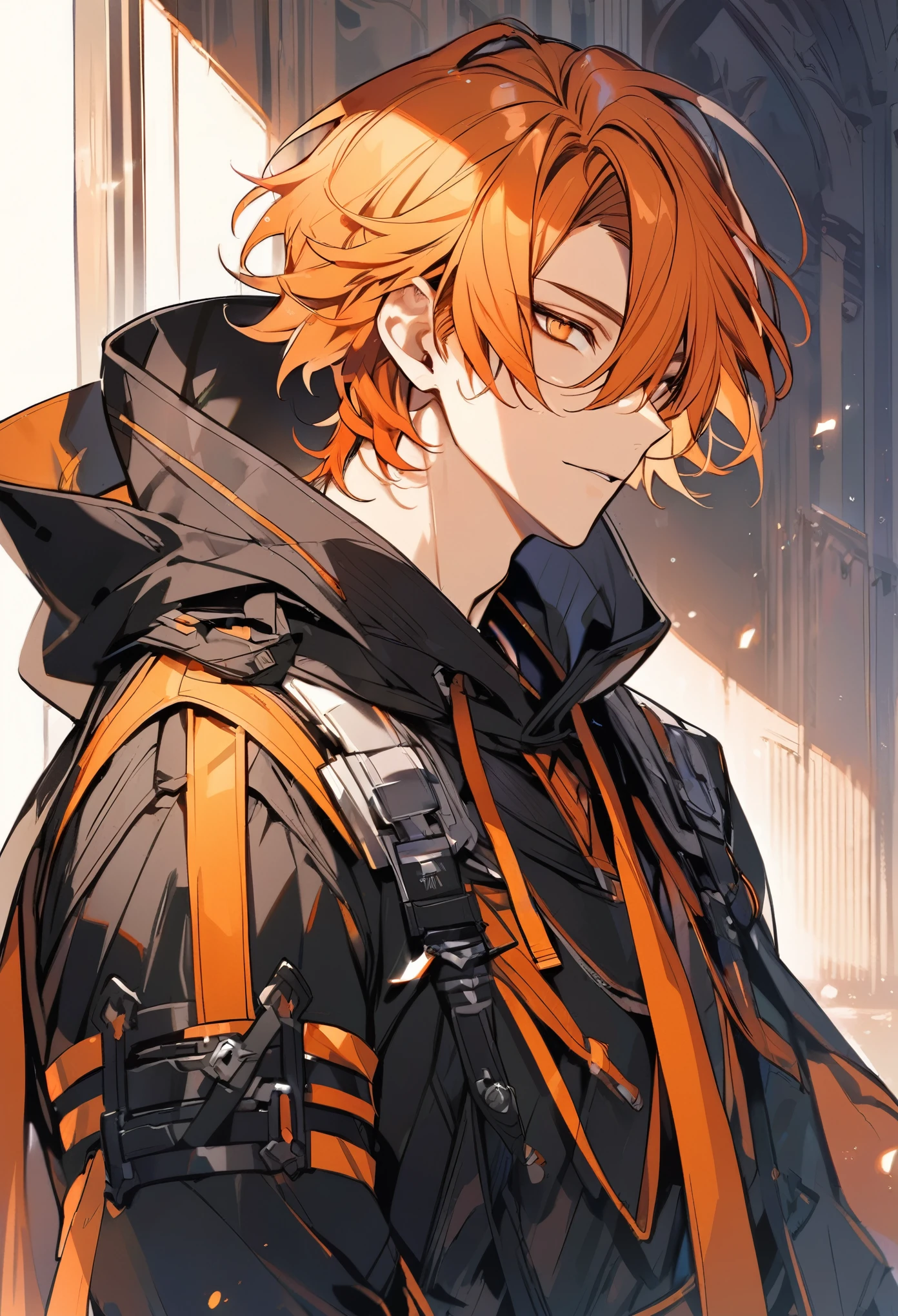 solo, handsome, 1 male, short hair, orange hair, orange eyes, black hood