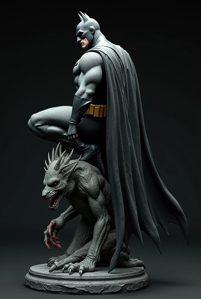 I want you to create a 3D sculpture of Batman on a gargoyle . The sculpture must show the character from two angles: one from the front and one from behind, with all details visible from both perspectives