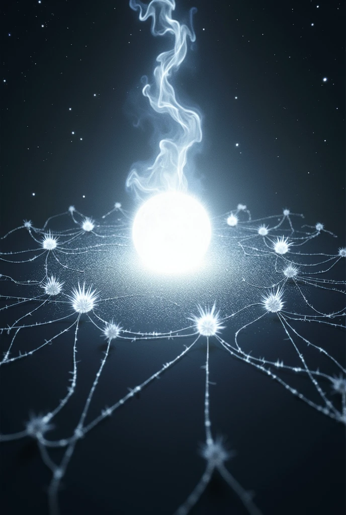 The unit On a black background with stars a bright light in the center like a flame of white fire symbolizing our creator in the form of a white fireball Infinite balls of white flames spinning around symbolizing the spirits all united by white threads connected to the center
