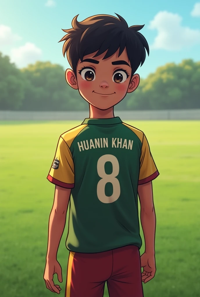 A boy wear Jersey name huanin khan and number 5 in back for cricket