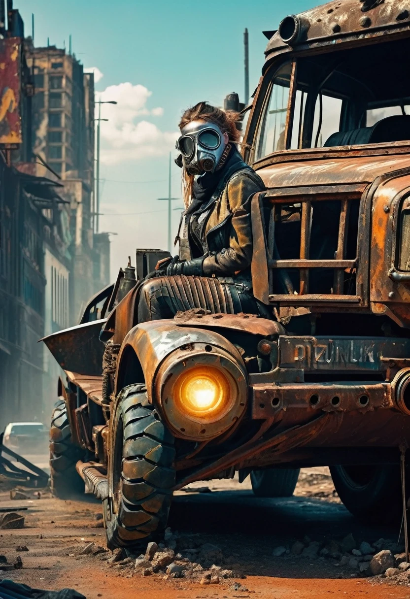 Create a diagonal and faithful image of a sad girl with torn clothes and dirty 1 madmax style leaning next to an old rusty and dirty bus with METAL spikes on the hood, she is wearing an old gas mask, Armored Vehicle, there are MANY SPOTS AROUND the car bodywork. WIDE AND THICK DIRTY DOUBLE REAR WHEELS, turned wheels, front with a broken metal grille with several rusty spikes and blood-stained anti-zombie spikes; military style with modifications and protection with metal plates, war tank style, broken and dirty headlights with grilles, the car is passing on the street with several tall and cylindrical buildings in ruins in the center of the modern and ultra futuristic post-apocalyptic american city of manhattan, There are many tall buildings on the horizon and next to, there is rubble fallen from buildings in the street, steampunk car, dramatic art, dieselpunk art style, apocalyptic road warrior vibe, surreal digital art, mad max inspired, heavy metallic artwork, chrome grille symmetry, arte steampunk digital, It&#39;s not the Mad Max style, metallic art, is not Filip Hodas; artwork style, steampunk digital art, dieselpunk, in a hightech world, photo on the diagonal, high qualiy, 8k, extremely detaild, as realistic as possible, the highest possible quality.