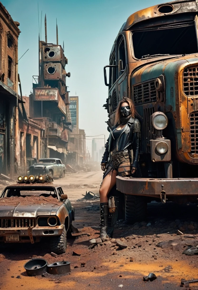 Create a diagonal and faithful image of a sad girl with torn clothes and dirty 1 madmax style leaning next to an old rusty and dirty bus with METAL spikes on the hood, she is wearing an old gas mask, Armored Vehicle, there are MANY SPOTS AROUND the car bodywork. WIDE AND THICK DIRTY DOUBLE REAR WHEELS, turned wheels, front with a broken metal grille with several rusty spikes and blood-stained anti-zombie spikes; military style with modifications and protection with metal plates, war tank style, broken and dirty headlights with grilles, the car is passing on the street with several tall and cylindrical buildings in ruins in the center of the modern and ultra futuristic post-apocalyptic american city of manhattan, There are many tall buildings on the horizon and next to, there is rubble fallen from buildings in the street, steampunk car, dramatic art, dieselpunk art style, apocalyptic road warrior vibe, surreal digital art, mad max inspired, heavy metallic artwork, chrome grille symmetry, arte steampunk digital, It&#39;s not the Mad Max style, metallic art, is not Filip Hodas; artwork style, steampunk digital art, dieselpunk, in a hightech world, photo on the diagonal, high qualiy, 8k, extremely detaild, as realistic as possible, the highest possible quality.