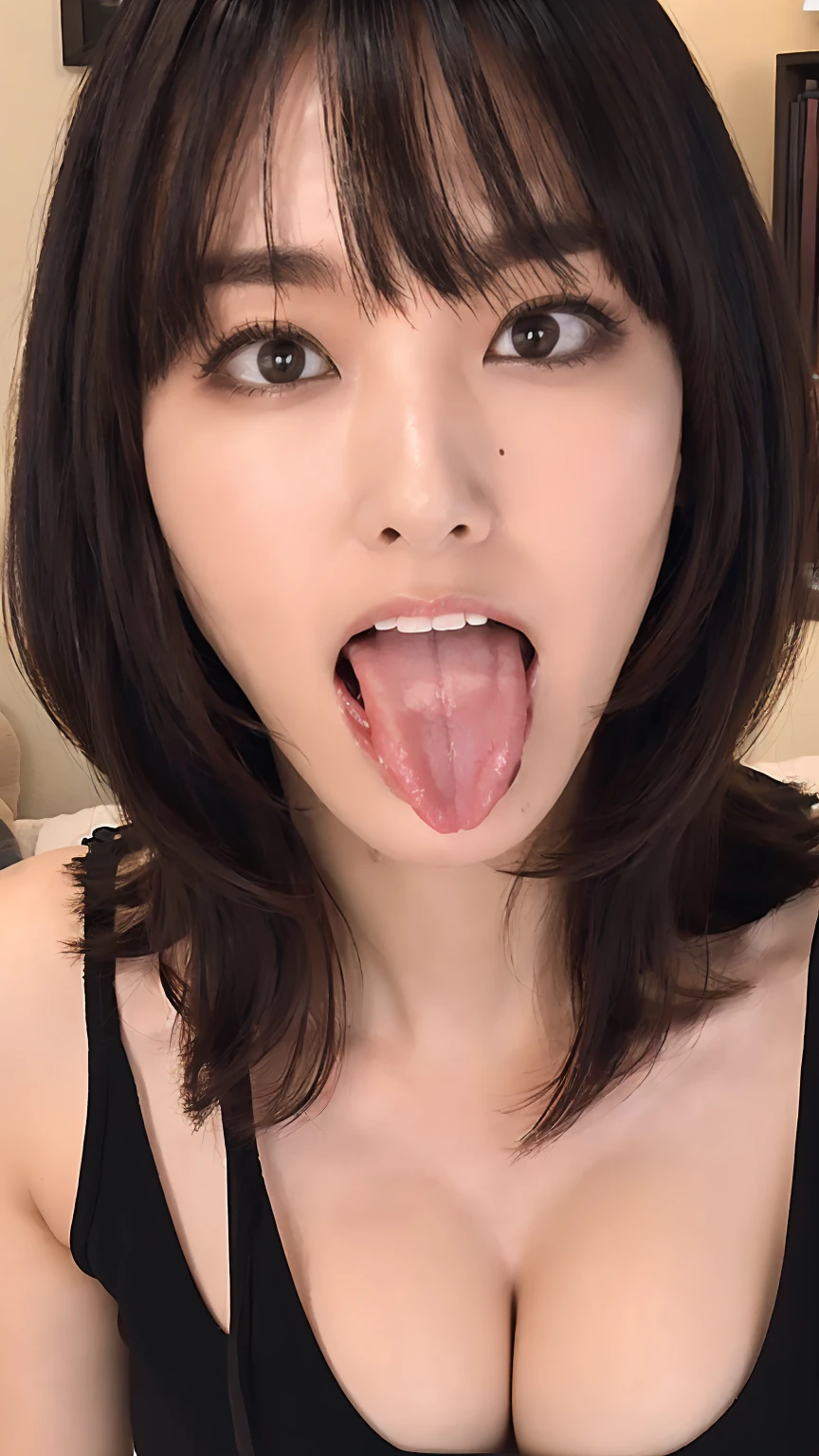 masterpiece, Highest quality, Cinema Lighting, (Close up on face, Sticking out a long tongue:1.5), Yui Aragaki, Lots of eyelashes, (Trimmed bangs, Black Hair, Bobcut:1.3), Makeup for a date, (simple loungewear, flat chest, Cleavage:1.3), (living room:1.3)