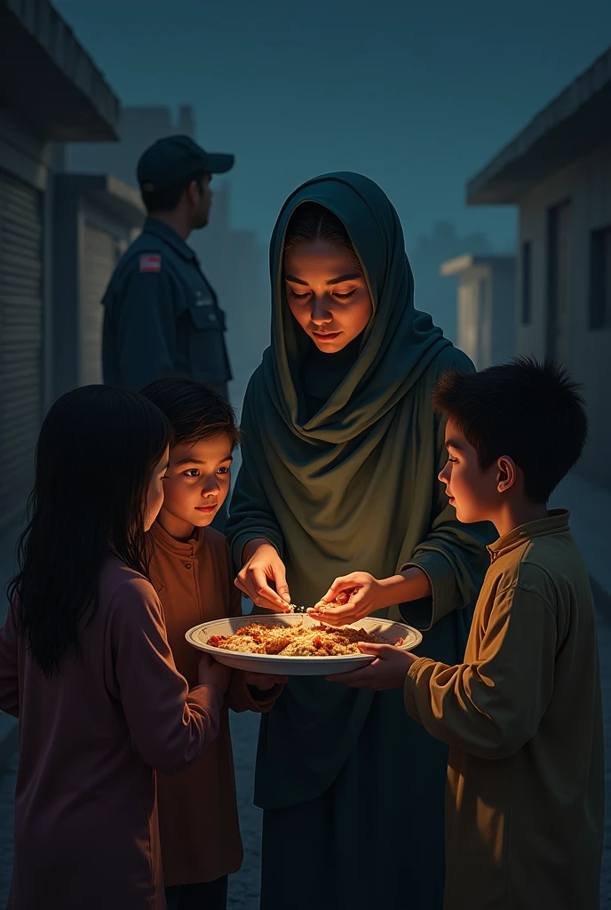 Visual: Umar gave food to poor children at night, her face is full of compassion, accompanied by a guard