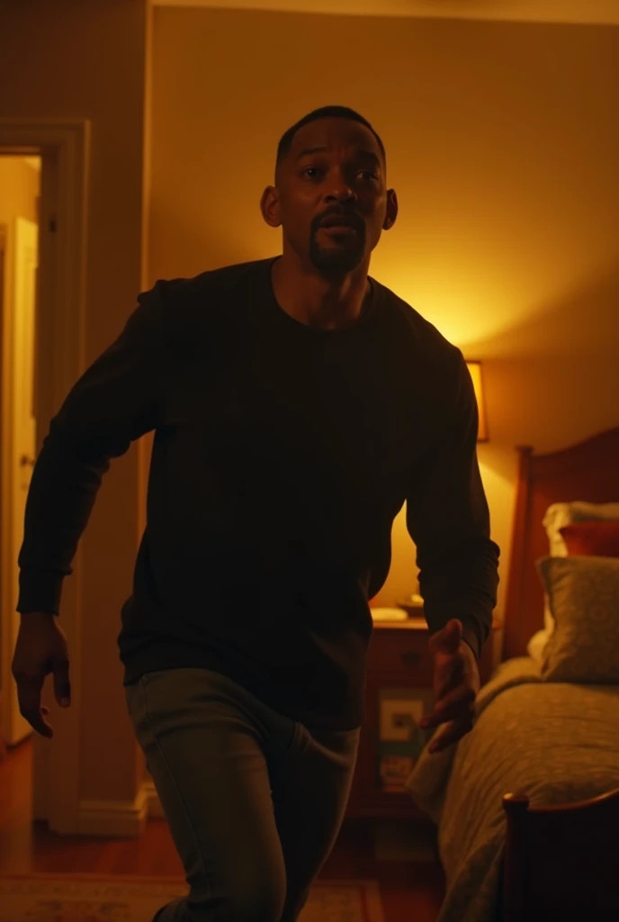 will smith, in a room, american shot, a door in the background, cinematic light, running, (room whit a bed on the right and closet on left:1.5), since his crying, warm light coming from above
