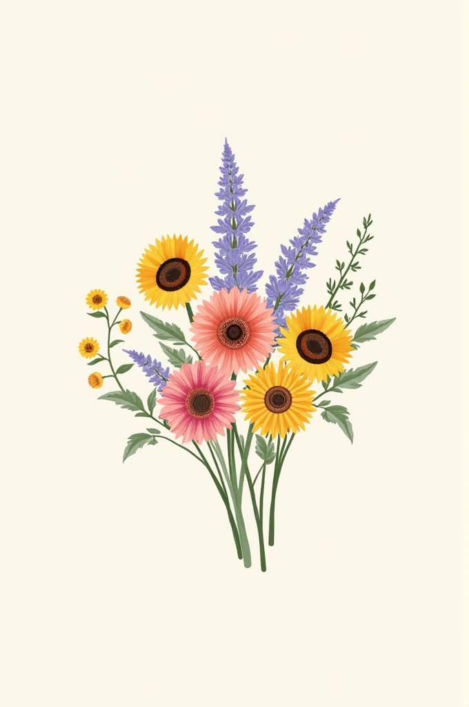I want a wallpaper with a drawing of a bouquet of flowers right in the center that has the flowers: sunflowers, Lavender flowers and yellow and pink gerberas