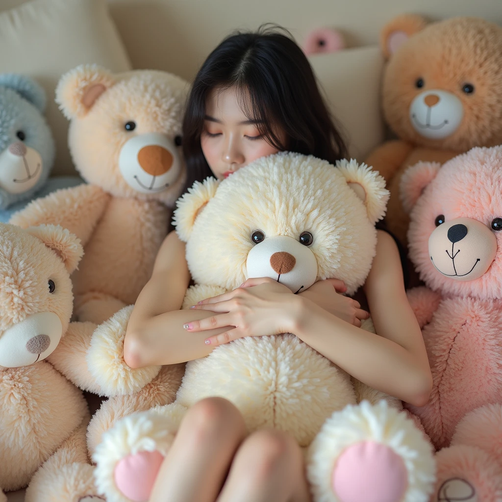 Realistic photos of Japanese women with great figures., (((Sitting naked hugging a teddy bear from the front))), She is behind the teddy bear. ((Perfectly beautiful hands and feet)) ,((The most detailed information)), The teddy bear obscured her body. ,(areola slip),( areola), and pink nipples ,In a pastel room filled with stuffed animals