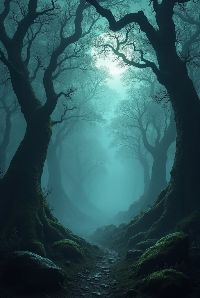 dark magical and gloomy forest shrouded in faint fog