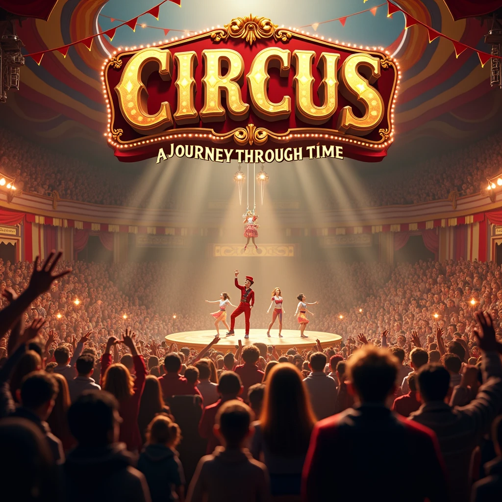 design cinematic circus pic with huge crowd of people and circus written in above camp with subtitle a journey through time with size of powerpoint presentation