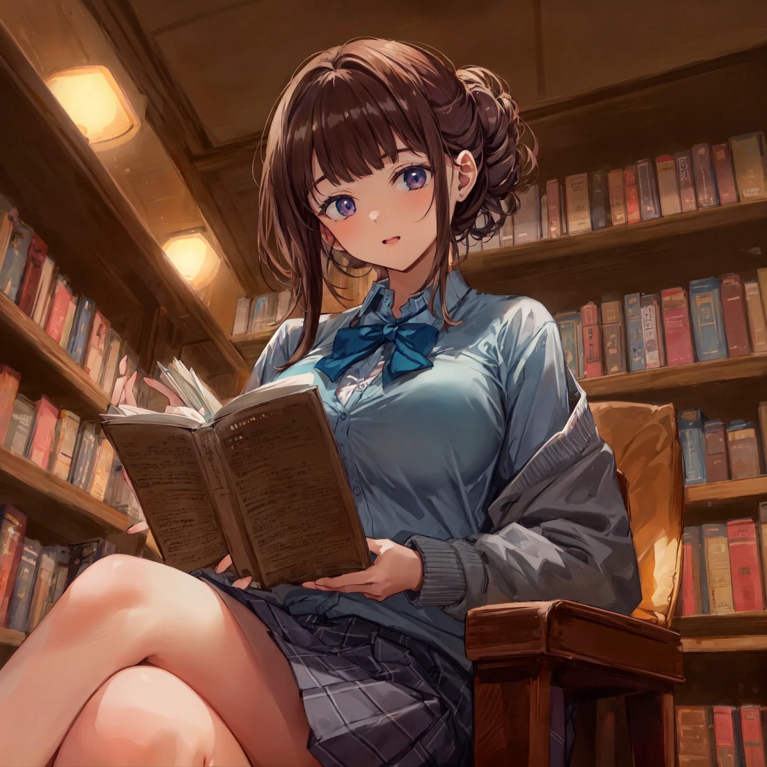 (Pencil Art:1.3),masterpiece, Highest quality,pastel colour,{{brown hair}},library,foot focus,updo hair,choppy bangs,drop eyes,sit down,I read a book,Crossing your legs,,light grey pleated skirt,blue shirts,cardigan,{{beautiful large-sized breasts1:4}},{{beautiful odd eye1:4}},Photoreal 1;4,high quality bra, top quality, {{beautiful butt}}, cute girl, high quality background, 5 fingers