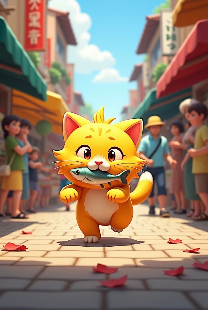cute yellow cat is stoling a fish from shop and run away behind shopkeeper chasing him street market people