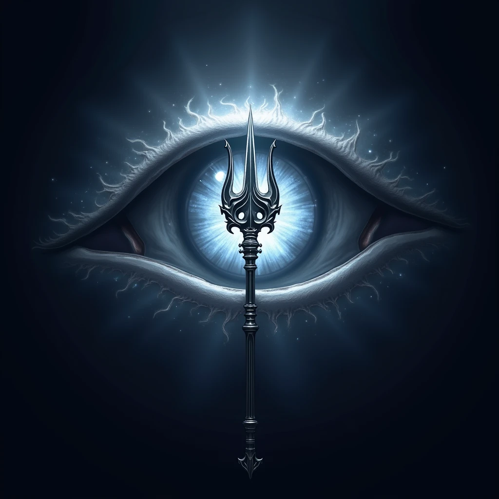Create a realistic image logo name with "ARJUN🔱" with using this emoji 🔱 in the name and there is a eye shadow of lord Shiva in the background with eye shining effects
