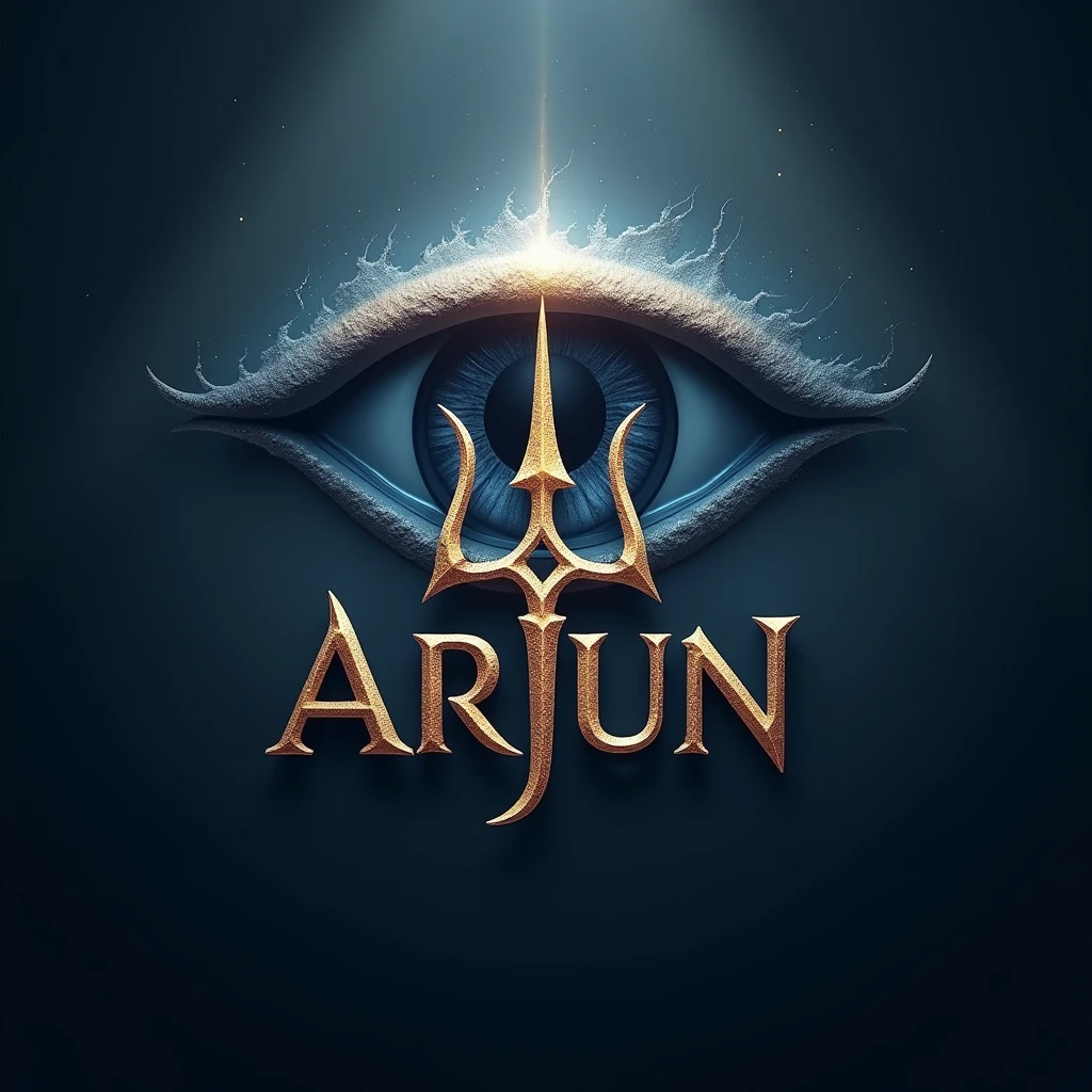 Create a realistic image logo name with "ARJUN🔱" with using this emoji 🔱 in the name and there is a eye shadow of lord Shiva in the background with eye shining effects