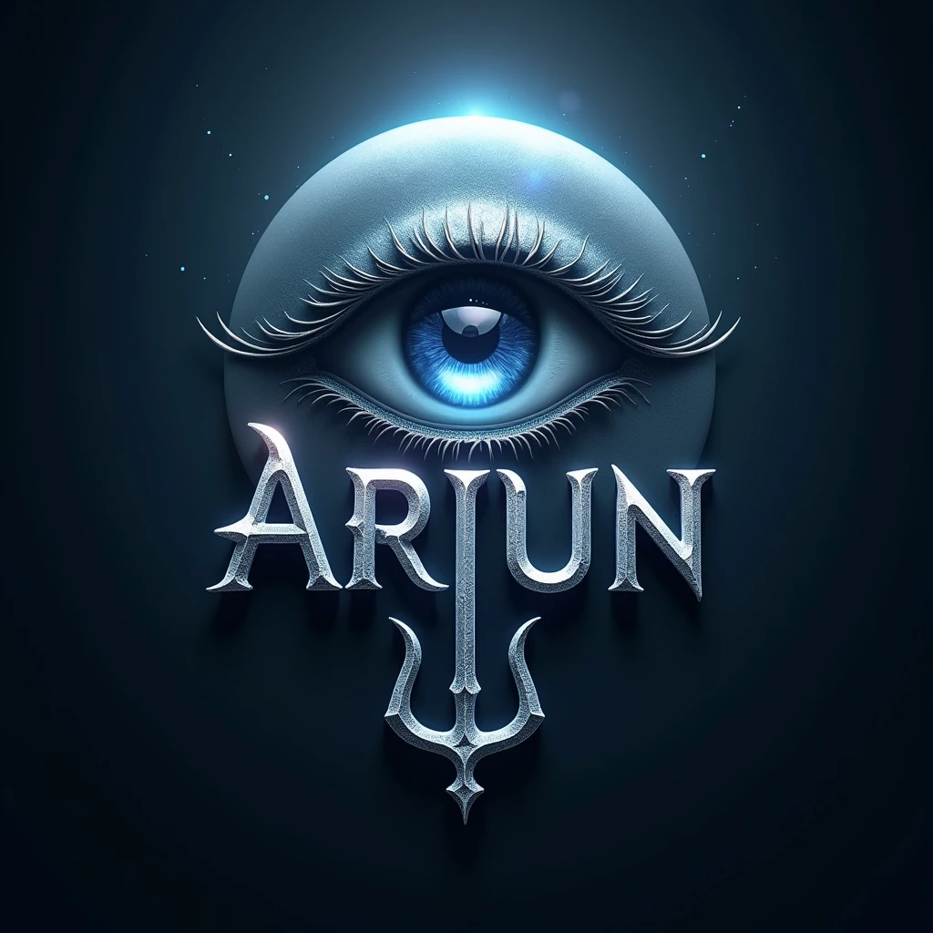 Create a realistic image logo name with "ARJUN🔱" with using this emoji 🔱  in the name and there is a eye shadow of lord Shiva in the background with eye shining effects 