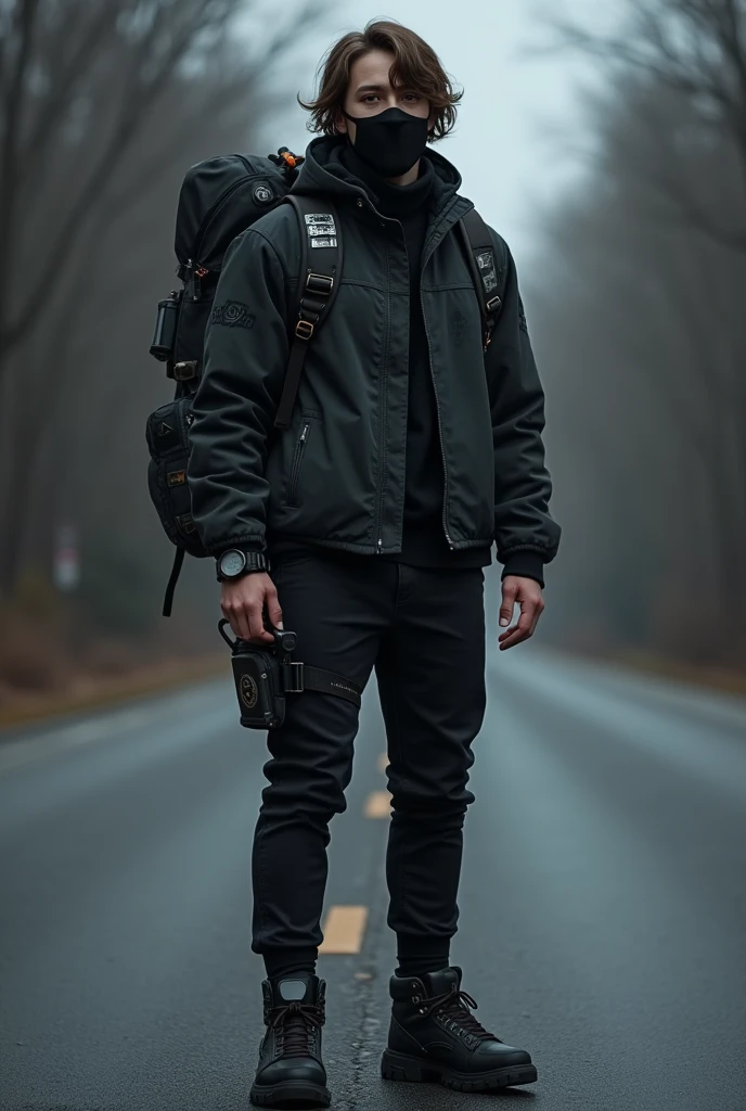 A super hero in nomal plus some superhero stylis clothand wearing black mask look stylish wearing a bag on backside and shoes colour white with small rocket for flying standing on roadside and his main power is in his bag 22 year boy with no muscle body eyes are visible but mouth is coverand medium hairstyle bag is normal design wearing smartwatch in left hand in shoes fittinb a small size rocket for flying and weather is dark Must have gadgets all over the body