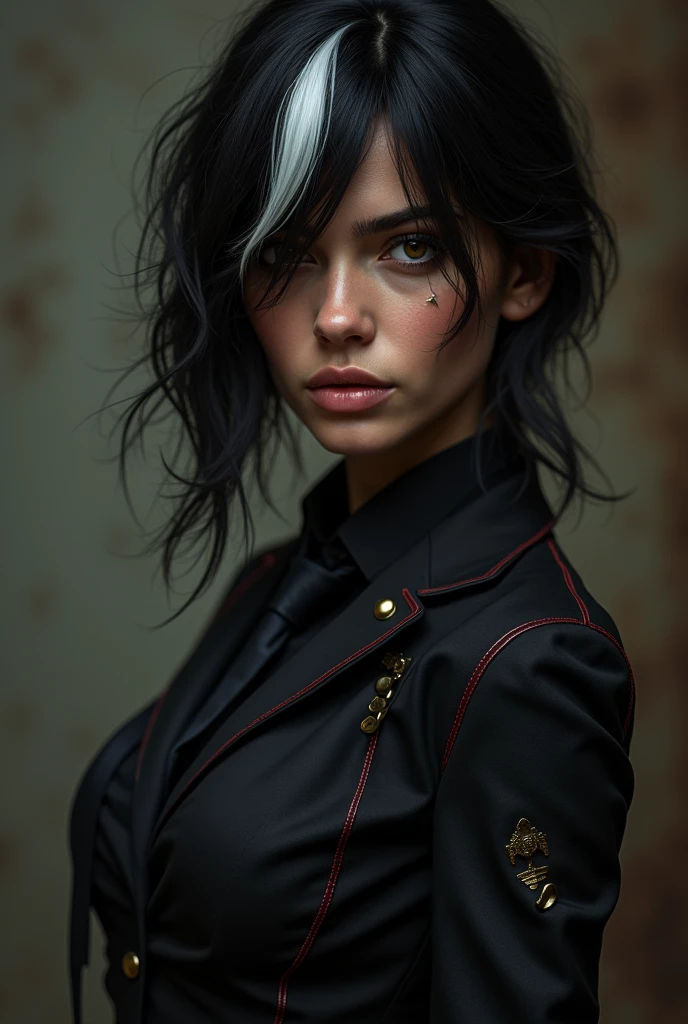 A killer girl, I wore tight black clothes with some red stripes, almost a suit, and a black tie with gold details and my skin was almost dark, unruly black hair with a white streak in the tight, center-parted bangs and brown eyes with a piercing in my left eyebrow and I wore leather gloves 