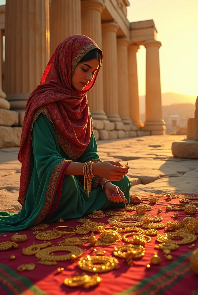 An Iranian young woman peddler who sells gold in Persepolis at sunset.