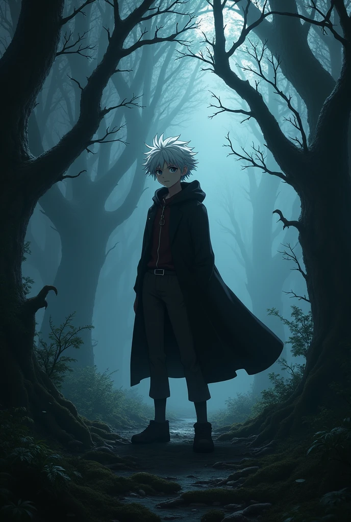 (photorealism:1.2) Killua Zoldyck in the 1870s, surrounded by shadows in a dark and mysterious forest with twisted trees and dim lights, with a relaxed and confident posture but with an aura of danger.