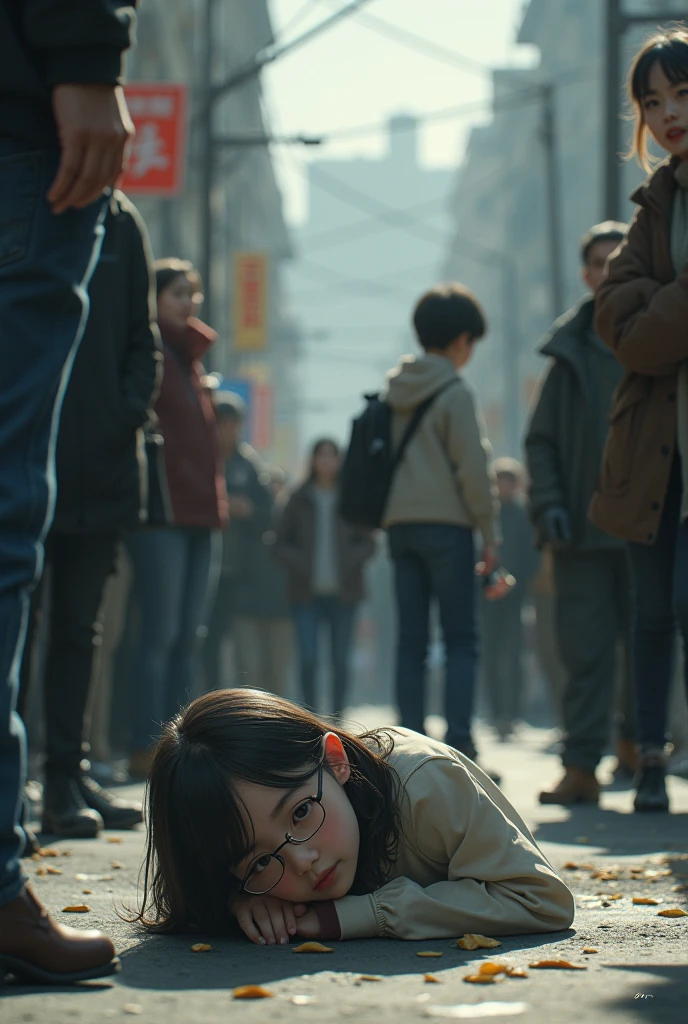 A girl with glasses and shoulder-length hair falling on the street in front of everyone

