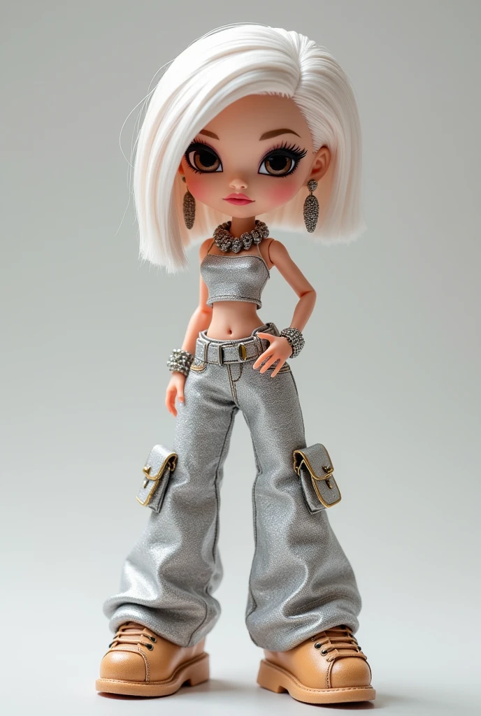 Create a white skin bratz doll, short hair, Brown eyes dressed in a silver top and baggy pants that match her clothes and makeup and shiny accessories