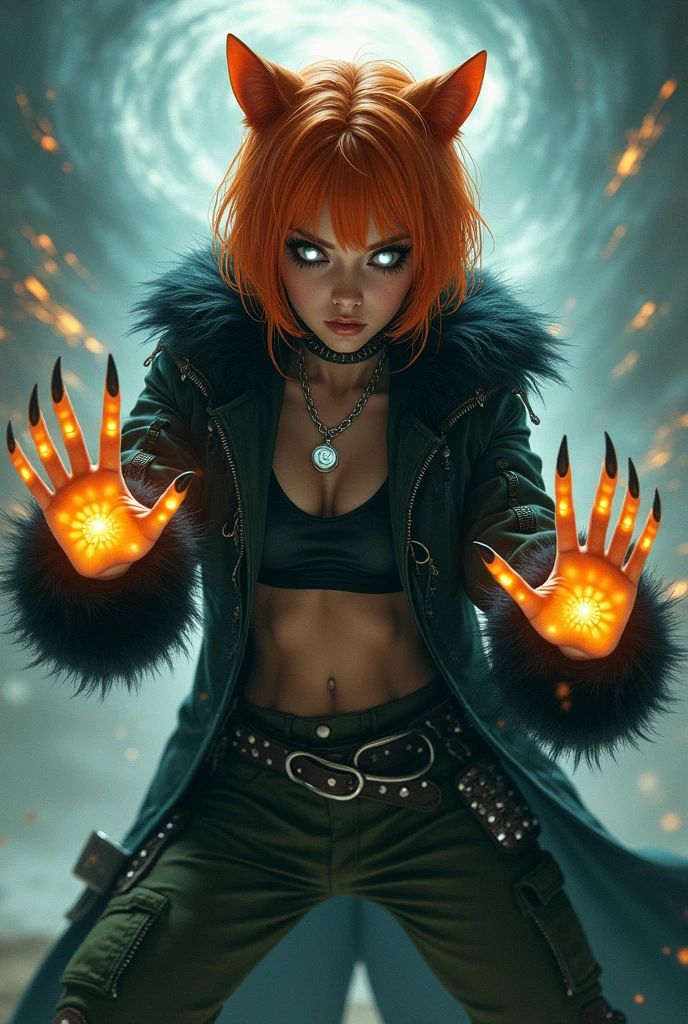 Female age 25, white skin, white glowing eyes, eyes full of mascara, sexy eyes, x-men storm eyes, short orange visual kei hair, black magic portals on hans, bright black furry trench matrix gabardine open, green cargo pants, cyberpunk japanese style, chains around the belt, athletic, magic powers, action, leather brown boots with metal pins, black cat nails, wushuu pose, hurricanes background