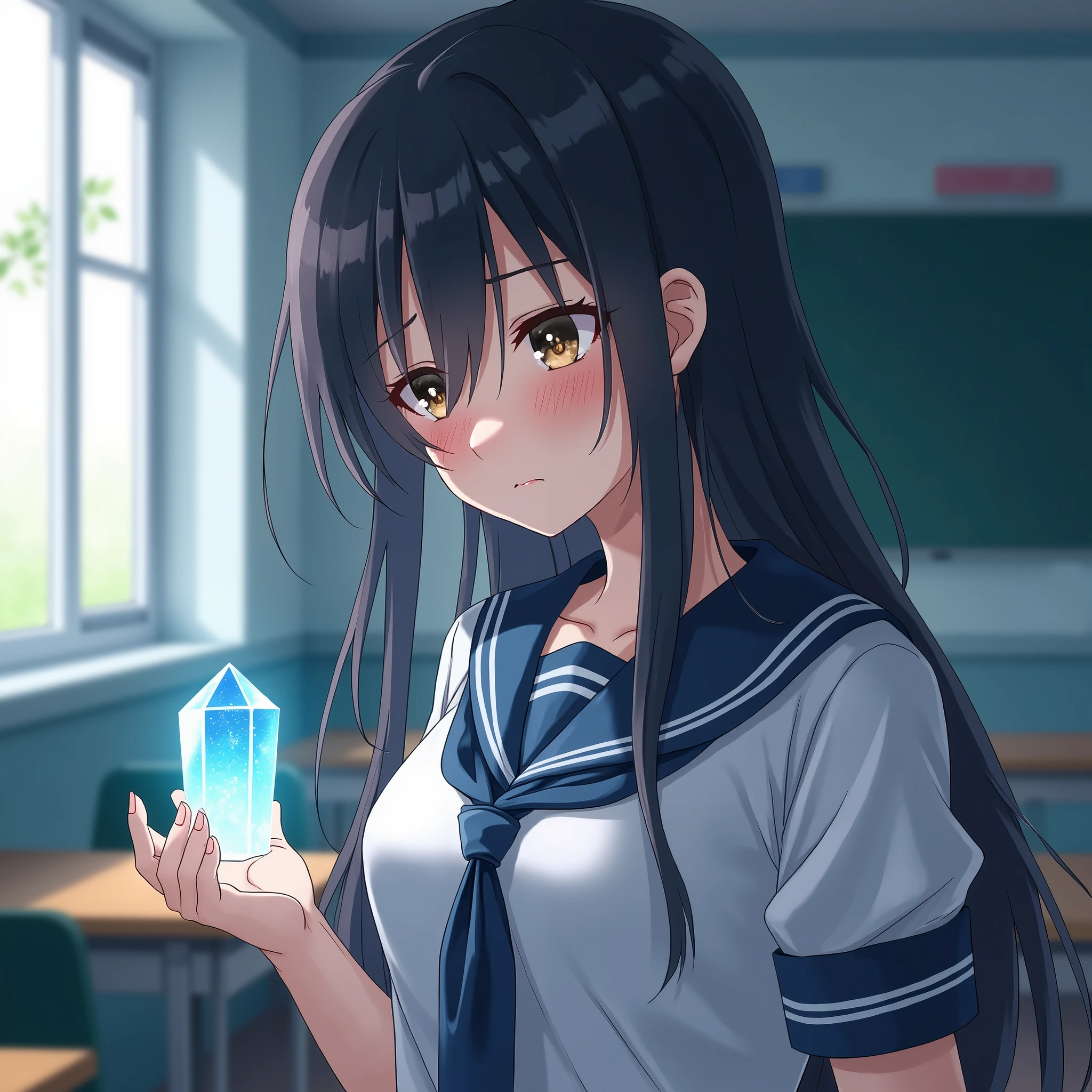  (Holding a glowing crystal in one hand:1.4),  (Eyes mesmerized by the light of the crystal:1.4), (Detailed facial profile with a thoughtful expression:1.4), (Facial Art:1.3)　Sailor suit、Japanese Girl、Black Hair、Long Hair、sense of cleanliness、Sleepy eyes、Staring at the crystal、Hollow Eyes、Highest quality、classroom、No pupil、Looks sleepy、Upper Body、I can see your chest、mini skirt、Large Breasts
