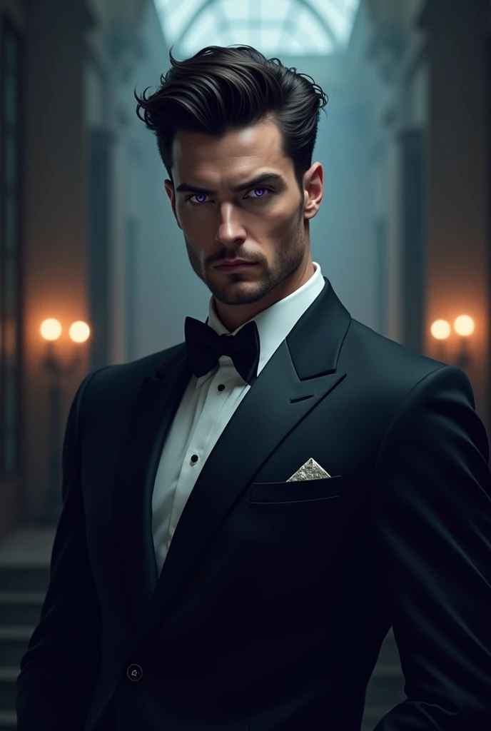 Tall dark hair in a suit wth purple eyes male