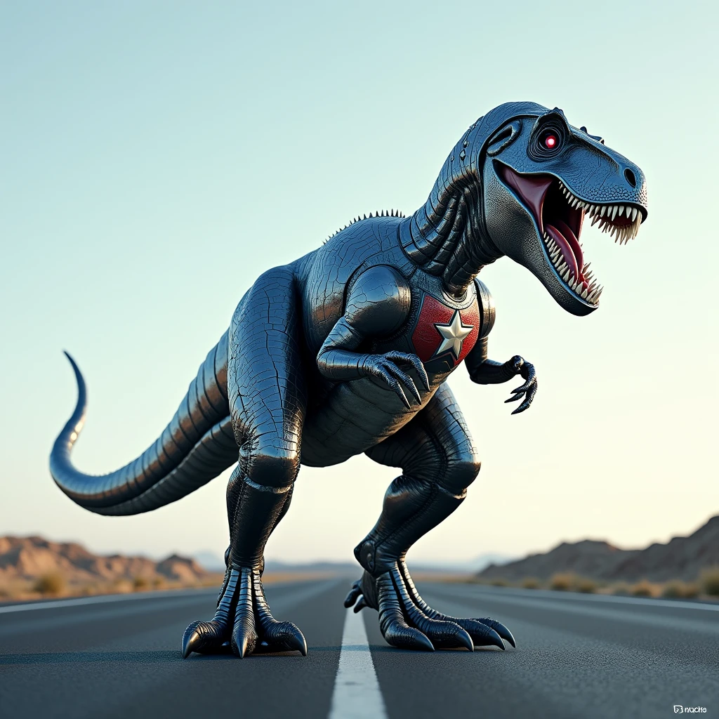 Create a realistic image, on the long road, a T rex with captain America's body is made up of captain America's iconic composed of elements , image will be cool and shiny.