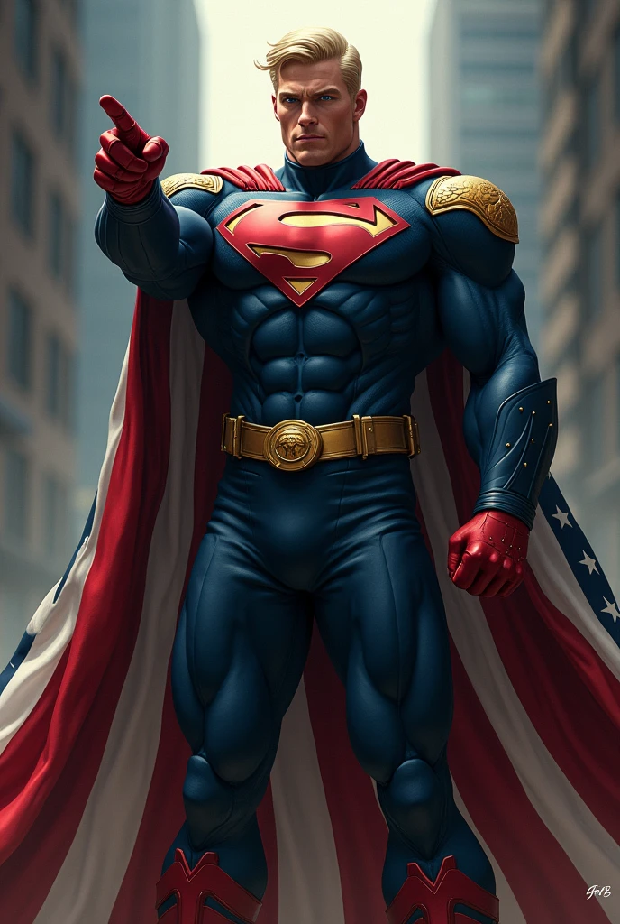 Homelander pointing at the screen: A tall, muscular man, with an angular face and piercing blue eyes, her blonde hair is slicked back. The uniform is dark blue and fitted, with a golden eagle's head on each shoulder. Has a golden belt with the head of an eagle. gloves and boots are red with small gold details. He wears a long cape based on the United States flag., where this is striped, with red and white stripes, besides at the top of the cover there is a dark blue semicircle full of stars. The costume exudes power and authority, highlighting his imposing figure.